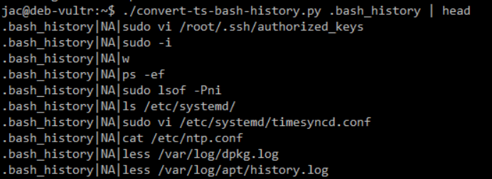 screenshot of script run on bash history without timestamps